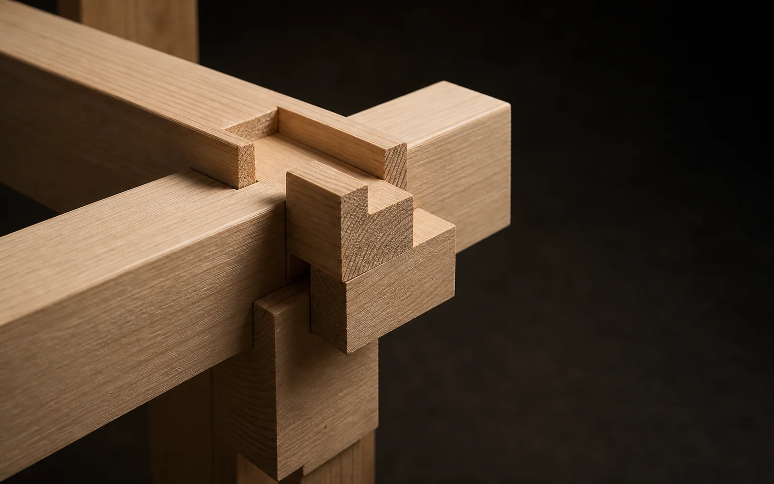 Generierte Materialstudie einer präzisen Holzverbindung; noch kein reales Kundenprojekt